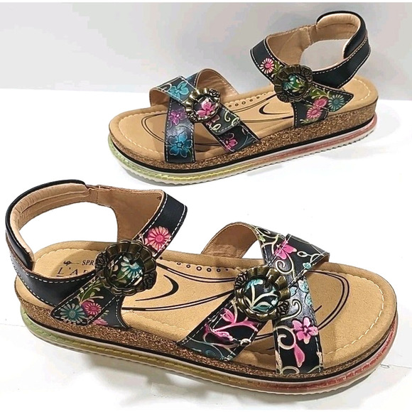 L'Artiste x Jane & Coco Leather Sandals Gabriola Black Multicolor US 10BM NEW!! - Picture 1 of 14